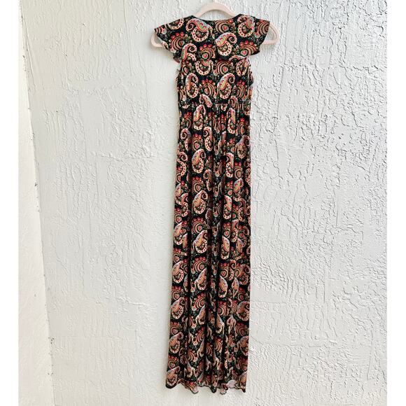 Nieves Lavi Cap Sleeve 100% Silk Paisley Print Maxi Dress Black Women's Size 0 - Picture 2 of 8
